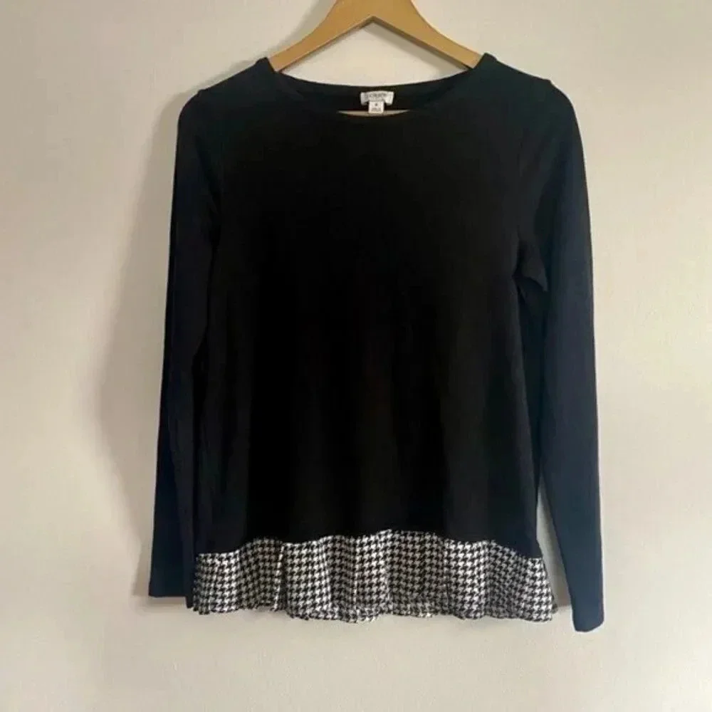 J Crew Black Top with Gingham Ruffle